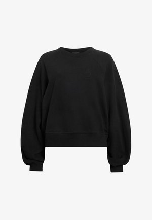 Felpa nera corta realizzata in tessuto morbido, con scollatura rotonda, maniche raglan e un piccolo logo impresso sul petto.