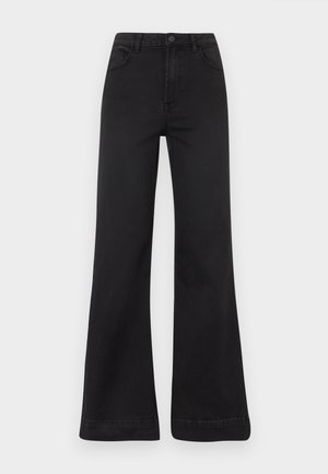 Jean évasé noir en denim à taille haute, avec une fermeture par bouton, cinq poches et un ourlet net.