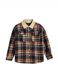 Flanellen overhemd met een beige kraag, voorzien van een navy, oranje en witte ruitenpatroon. Inclusief twee borstzakken en knoopsluitingen.