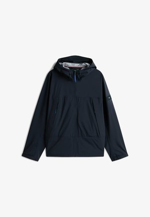 Dunkelblaue, leichte Jacke mit Kapuze, Frontreißverschluss, zwei Seitentaschen und elastischen Bündchen. Verfügt über kontrastierende blaue Reißverschlüsse und ein Logo-Patch.