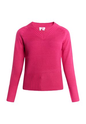V-neck pullover neulepaita kirkkaan vaaleanpunaisena, valmistettu teksturoidusta neulekankaasta. Varustettu ribbaamalla viimeistellyillä hihansuilla ja helmalla, ja siinä on kapea siluetti.