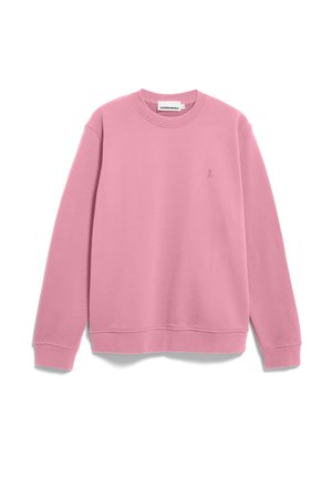 Sweat-shirt uni à manches longues avec col rond, couleur rose atténuée, petit logo discret sur le côté gauche de la poitrine et poignets et bas côtelés.