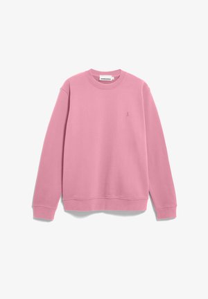 Sweat-shirt uni à manches longues avec col rond, couleur rose atténuée, petit logo discret sur le côté gauche de la poitrine et poignets et bas côtelés.
