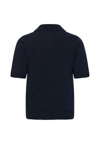 Chemise en maille bleu marine à manches courtes vue de dos, avec col plat et ourlets côtelés. Aucun motif ni logo visible.