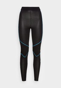Svarta leggings med en texturerad yta, med blå accentlinjer och ett ribbat midjeband. Designen inkluderar vinklade mönster på sidorna.