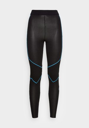 Leggings noirs avec une finition texturée, présentant des lignes d'accent bleu et une taille côtelée. Le design comprend des motifs angulaires sur les côtés.