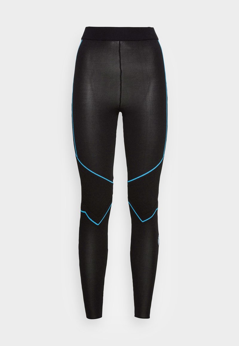 Svarta leggings med en texturerad yta, med blå accentlinjer och ett ribbat midjeband. Designen inkluderar vinklade mönster på sidorna.
