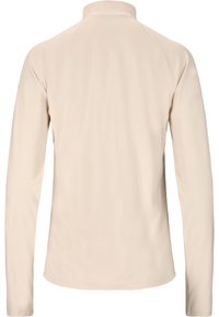 Beige Langarmjacke mit hohem Kragen, aus glattem, elastischem Stoff. Verfügt über Raglanärmel und flache Nahtdetails.