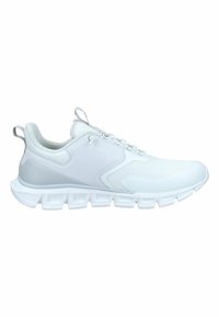 White athletic shoes with mesh and synthetic upper, textured accents, round toe, and cushioned sole featuring segmented design for flexibility.