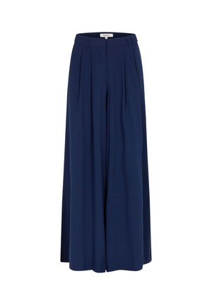 Pantalon large taille haute bleu marine avec plis, passants pour ceinture et fermeture éclair à l'avant.