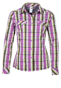 Károvaná košile s dlouhým rukávem v odstínech růžové, zelené a černé. Má límeček, zapínání na knoflíky a dvě náprsní kapsy.