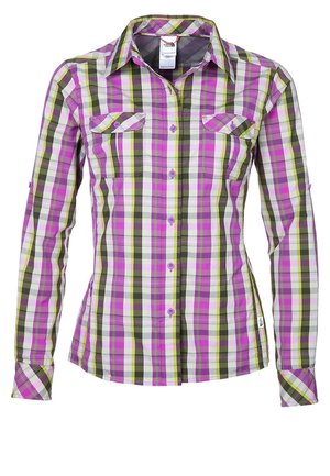 Chemise à manches longues à carreaux dans des nuances de rose, vert et noir. Elle possède un col, une fermeture à boutons à l'avant et deux poches poitrine.