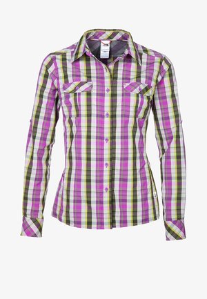 Koszula z długim rękawem w kratę w odcieniach różu, zieleni i czerni. Posiada kołnierzyk, zapięcie na guziki z przodu oraz dwie kieszenie na piersi.