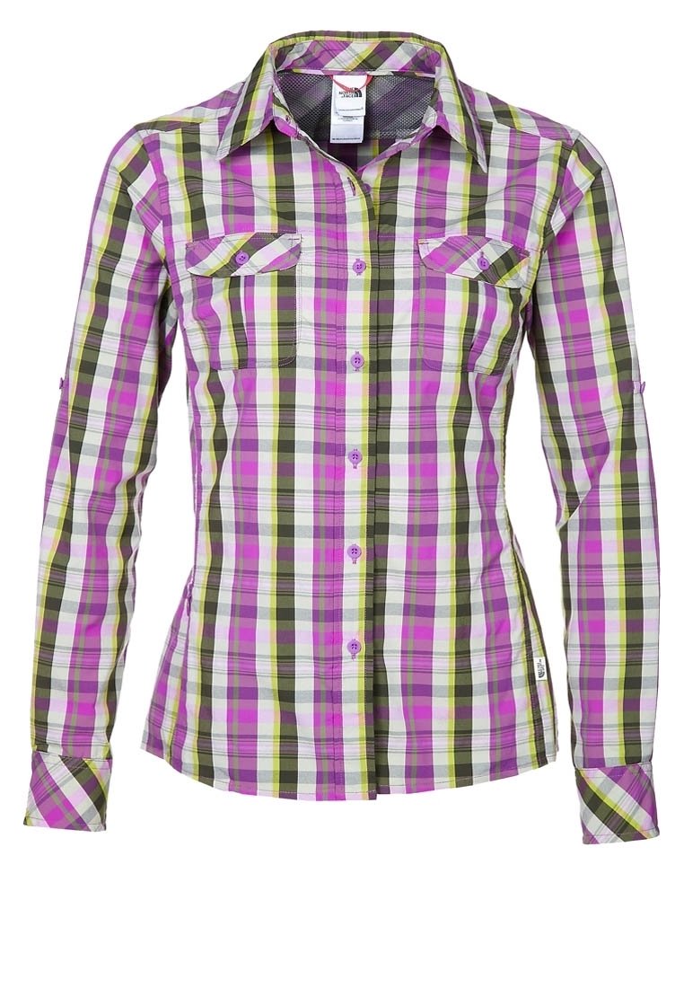 Károvaná košile s dlouhým rukávem v odstínech růžové, zelené a černé. Má límeček, zapínání na knoflíky a dvě náprsní kapsy.
