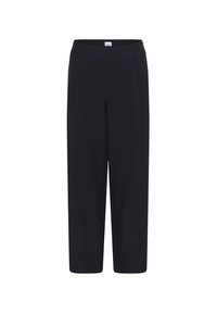Pantalon large noir court avec une taille élastique et un tissu uni et lisse, présenté sur un fond blanc uni.