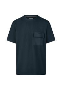 Donkerblauw T-shirt met korte mouwen gemaakt van gestructureerde stof, voorzien van een borstzakje aan de linkerkant en een ronde halslijn.