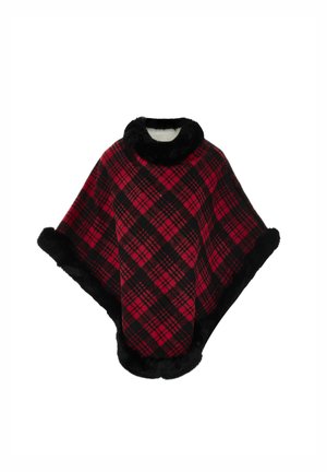 Roter und schwarzer Karoponcho mit einem weichen schwarzen Kunstfellkragen und -besatz. Verfügt über ein cape-artiges Design, das Wärme und Schutz bietet.