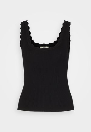 Top de tirantes negro con textura acanalada y bordes en forma de ondas en el escote y las sisas. Diseño ajustado, textura suave y sin adornos visibles.