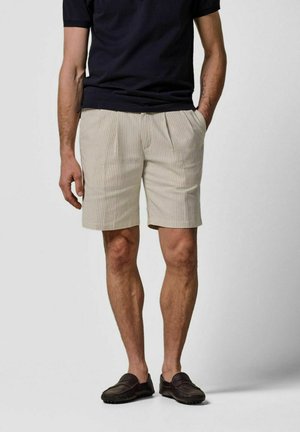 Pantalones cortos beige con rayas, pliegues y bolsillos laterales, combinados con una camiseta azul marino y zapatos slip-on marrón oscuro.