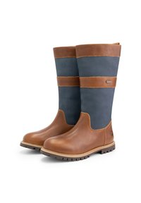 Vattentäta knähöga stövlar med en övre del i blått läder och bruna läderdetaljer, texturerad gummisula och kontrasterande sömmar.