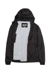 Czarna, lekka kurtka z kapturem, z dodatkami w kolorze czerwonym, szarym podszyciem i bocznymi kieszeniami na zamek. Miękka, gładka tekstura.