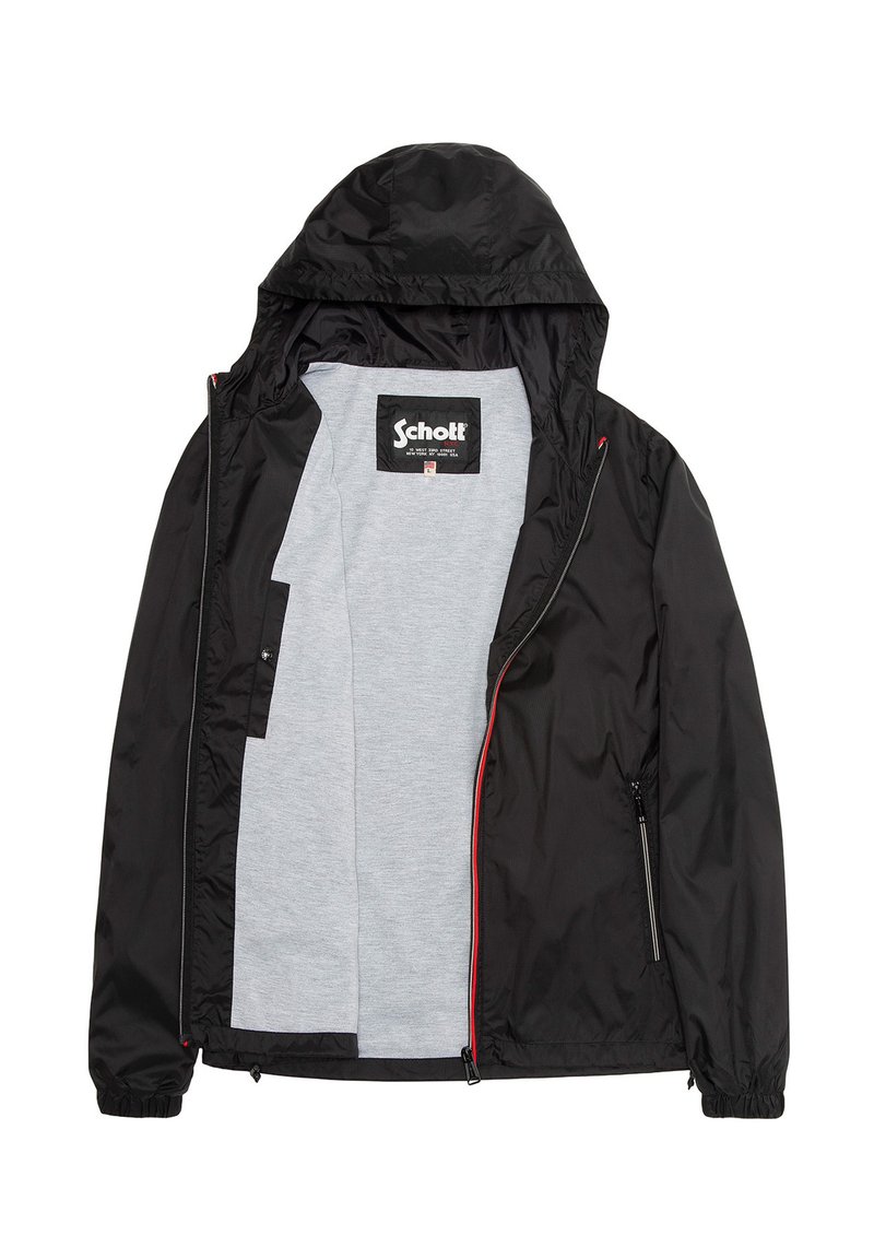 Veste légère noire avec une capuche, présentant des accents rouges, une doublure intérieure grise et des poches zippées sur les côtés. Texture douce et lisse.