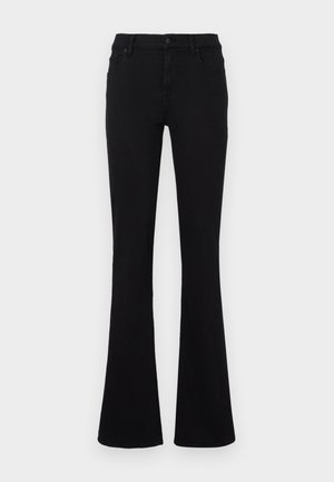 Pantalones vaqueros acampanados negros de denim, con un diseño clásico de cinco bolsillos, cierre de cremallera y botón. Textura suave con un ligero estiramiento.