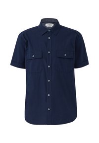 Marineblaues Kurzarmhemd mit Button-Down-Kragen, zwei Fronttaschen und hellblauen Knöpfen, aus einem strukturierten Stoff gefertigt.