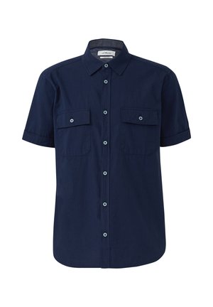 Camicia navy a maniche corte con collo button-down, due tasche frontali e bottoni azzurri, realizzata in un tessuto testurizzato.