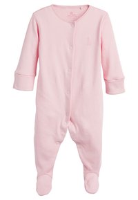 Body in cotone rosa chiaro, maniche lunghe, bottoni a pressione sul davanti, design con piedi, con una piccola ricamo di giraffa sul petto.