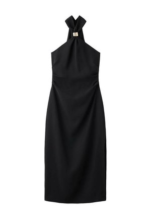 Zwarte jurk in halterstijl met een strikje bij de hals en gouden accenten op de borst, met een getailleerde pasvorm en een gladde textuur.
