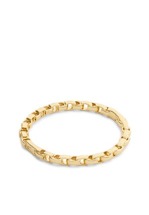 Gouden kettingarmband met rechthoekige schakels, gepolijste afwerking, weergegeven op een witte achtergrond.