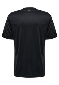Sort atletisk T-shirt med korte ærmer, rund halsudskæring, glat tekstur og subtile reflekterende detaljer på skuldrene.