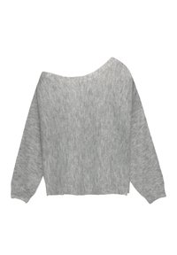 Maglione grigio chiaro a maglia con scollo ampio, maniche lunghe e orlo corto. Tessuto morbido e motivo delicato su tutta la superficie.