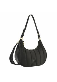 Czarna pikowana torebka na ramię z złotym suwakiem, regulowanymi paskami i wypukłym logo "B" na przednim panelu.