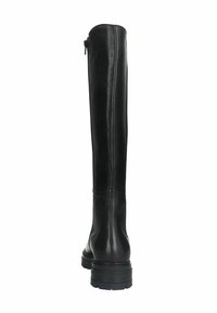 Knee-high black leather boots with a smooth texture, rounded toe, sturdy sole, and zipper closure along the back for easy wear.