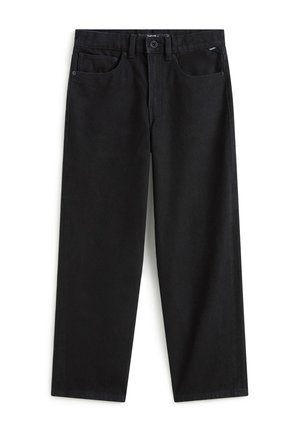 Jean noir droit avec cinq poches et fermeture par bouton, présenté à plat sur un fond blanc.