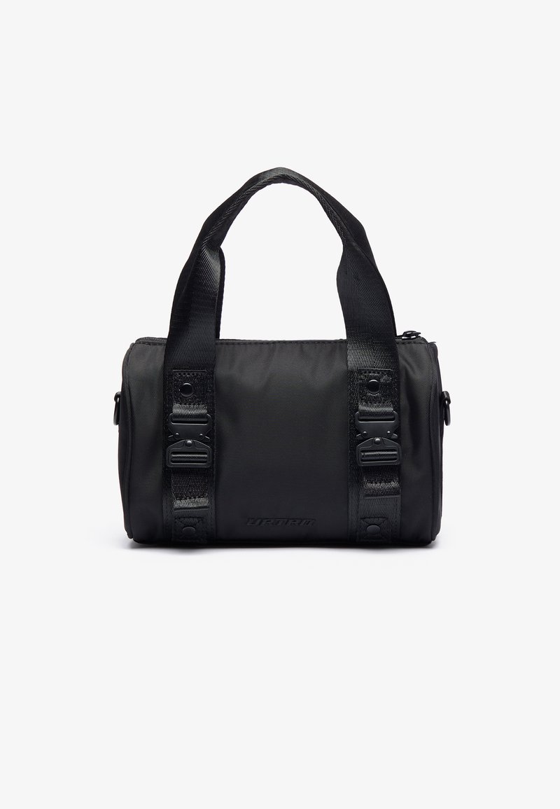 Black nylon tote bag with a rectangular shape, featuring dual carrying straps and plastic hardware accents. Smooth texture with logo detail.