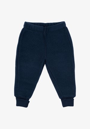 Joggers en polaire bleu marine avec taille élastique, poignets côtelés et texture lisse. Fabriqués en matière douce et chaude, adaptés pour un usage décontracté.