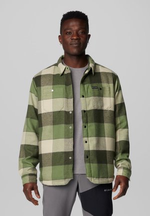 Uomo in piedi che indossa una giacca a quadri verde e panna con bottoni sopra una maglietta grigia e pantaloni grigi Columbia, davanti a uno sfondo semplice.