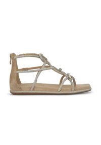 Beige suede sandalen met sprankelende zilveren banden en gedetailleerde accenten. Zachte, gevoerde zool, open teen ontwerp en achteraan ritsluiting.