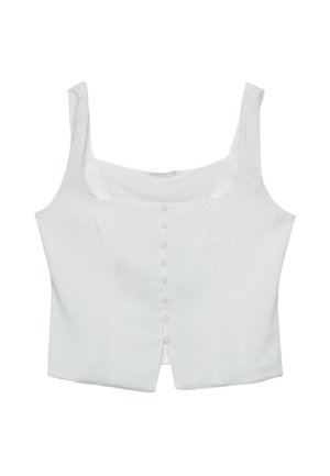 Top bianco senza maniche con scollatura quadrata, caratterizzato da chiusura frontale a bottoni e un design aderente. Realizzato in tessuto morbido.