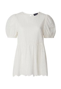 Bílý top s nabíranými rukávy, zdobený broderie anglaise, kulatým výstřihem a rozšířeným lemem, se zapínáním na klíčovou dírku vzadu.