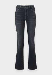 Jean noir évasé à taille mi-haute. Fabriqué en tissu denim, avec un design classique à 5 poches et une décoloration subtile à l'avant et à l'arrière.
