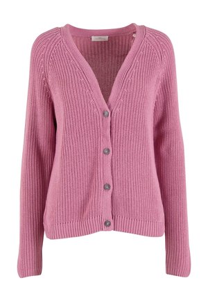 Rosa gestrickte Strickjacke mit langen Ärmeln, V-Ausschnitt und vier dunklen Knöpfen auf der Vorderseite, aus dickem Rippstrickstoff gefertigt.