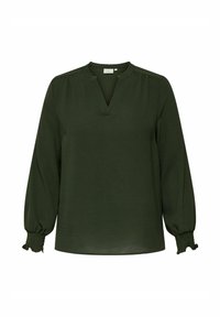 Blusa verde scuro a maniche lunghe con scollatura a V e polsini arricciati con dettagli di rouches.
