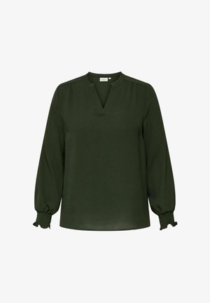 Donkergroene blouse met lange mouwen, een V-hals en uitlopende manchetten met ruches.