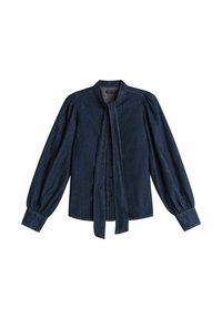 Mörk denim långärmad skjorta med knytkrage, knappstängning och puffärmar. Har rundad fåll och subtil textur.