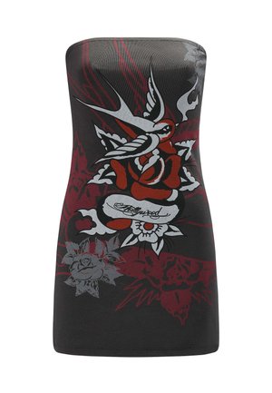 Robe noire sans bretelles avec des graphiques floraux et d'oiseaux audacieux en rouge et gris, présentant un texte "Hollywood" bien en vue sur l'ensemble du design.