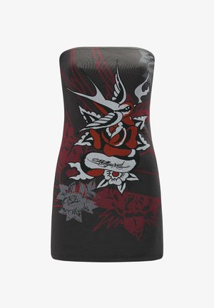 Vestido negro sin tirantes con gráficos llamativos de flores rojas y grises y pájaros, con un prominente detalle de texto "Hollywood" en todo el diseño.